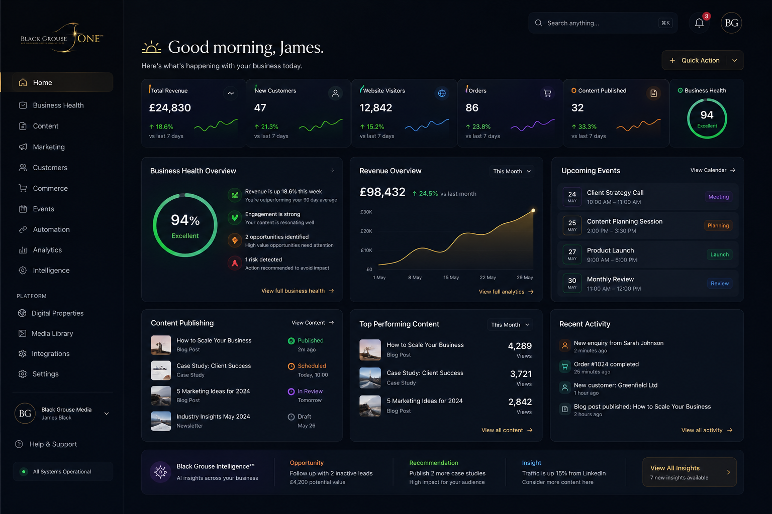 Black Grouse One morning briefing dashboard